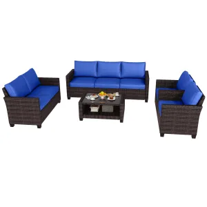 5 Piece Outdoor Wicker Furniture Set Patio PE Rattan Sectional Sofa 6 Seating Coffee Table with Storage Powder Coated Steel Tempered Glass Patio Backyard