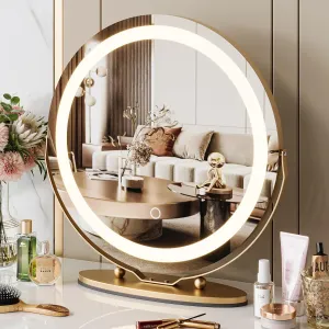 19" Vanity Mirror with Led Lights, Large Round HD Makeup Mirror with Touch Control and 3 Color Lighting Modes, 360° Rotating Vanity Mirror for Bedroom, Table Top, Easy to Install, Gold