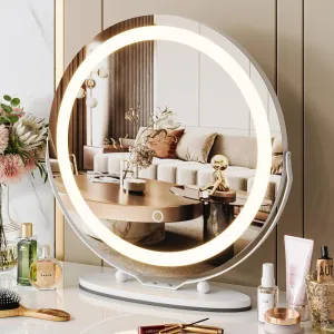 19" Vanity Mirror with Led Lights, Large Round Makeup Mirror with Touch Control and 3 Color Lighting Modes, 360° Rotating Vanity Mirror for Bedroom, Table Top, Easy to Install, White