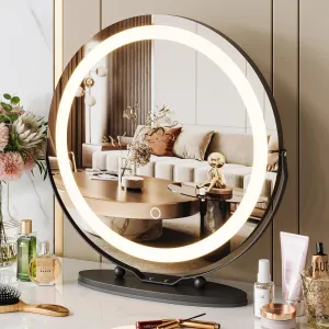 19" Vanity Mirror with Led Lights, Large Round HD Makeup Mirror with Touch Control and 3 Color Lighting Modes, 360° Rotating Vanity Mirror for Bedroom, Table Top, Easy to Install, Black
