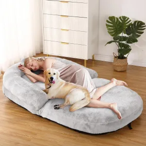 Human Size Dog Bed for Adults, Foldable 71"x43"x10", Washable Faux Fur Cover, Non-Slip, Easy Clean, Light Grey
