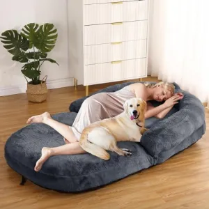 Human Size Dog Bed for Adults 71"x43"x10" Foldable Faux Fur Cover Non-Slip Bottom Washable Dark Grey Perfect for Napping