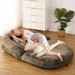 Human Size Dog Bed for Adults, Foldable, 71"x43"x10", Washable Faux Fur Cover, Non-Slip, Portable, Ideal for Napping, Brown