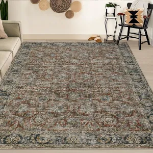 Large Machine Washable Area Rugs 10x13 Vintage Printed Non-Slip Red Indoor Floor Carpet