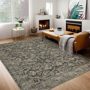 Washable Rugs 4x6 Rug for Living Room Vintage Rugs for Bedroom Aesthetic Bohemian Entryway Rug Distressed Printed Throw Rugs Non Slip Carpet Stain Resistant Thin Rug 4'x6' Distressed Black