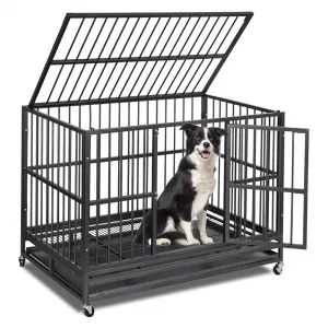48" Heavy Duty Dog Crate, Cage Kennel with Wheels&Brakes, High Anxiety Indestructible, Sturdy Locks Design, Double Door and Removable Tray for Large Pets(Black)