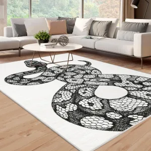 Animal Print Black & White 8x10 Washable Area Rug – Modern Snake Pattern, Durable Polyester Carpet for Living Room, Bedroom, or Office