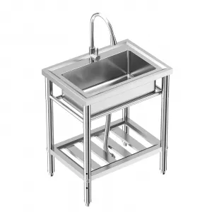 28"W x 20"D x 34"H Freestanding Stainless Steel Single Bowl Kitchen Sink - 360° Rotating Faucet, Storage Shelf, Adjustable Legs, and Hot & Cold Hoses for Commercial Use