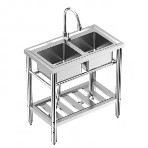 33"W x 18"D x 30"H Stainless Steel Freestanding Double Bowl Sink - Utility Laundry Sink with Hot & Cold Hoses for Outdoor Camping, Garage, Restaurant, and Backyard