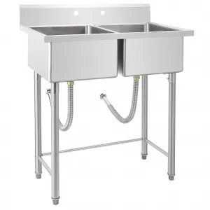 41"W x 23"D x 44"H Freestanding 2-Compartment Stainless Steel Sink - Commercial Prep & Utility Sink with Legs for Home, Restaurant, Laundry, Garage, Workshop, and Outdoor Use (No Faucet)