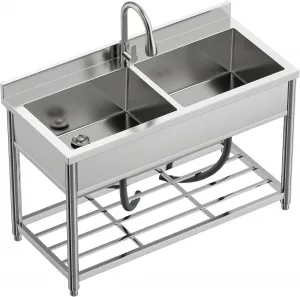22"D x 47"W x 37"H 2-Compartment Commercial Sink, Stainless Steel Utility Sink with Pull-out Faucet, Free Standing Double Bowl Kitchen Sink for Restaurant, Garage, Shop, Cafe, Outoor