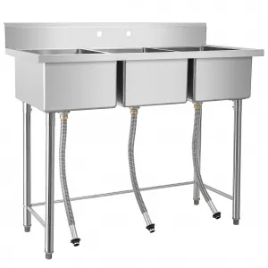 57"W x 26"D x 44"H Freestanding 3-Compartment Stainless Steel Sink - Commercial Prep & Utility Sink with Legs for Home, Restaurant, Laundry, Garage, Workshop, and Outdoor Use (NO Fauce)t