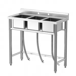 39"W x 18"D x 37"H Freestanding Stainless Steel Utility Sink - 3-Compartment Commercial Sink with Hot & Cold Hoses for Restaurants, Garages, Backyards, and Indoor/Outdoor Use