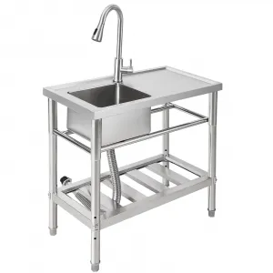 30"W x 16"D x 30"H Freestanding Outdoor Utility Sink - Stainless Steel Single Bowl Sink with Faucet, Drainboard, and Storage Shelves for Restaurants, Cafes, Bars, Hotels, Garages, and Laundry Rooms