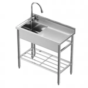 16"D x 30"W x 40"H Free Standing Stainless Steel Sink with Hot and Cold Water Plumbing for Kitchen, Bathroom, Bar, Restaurant, Outdoor Use, Adjustable Legs, Silver