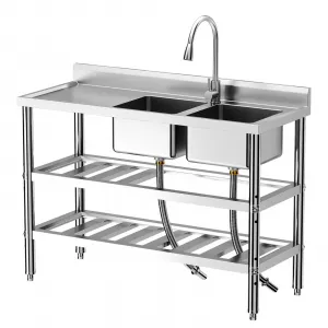 47"x18"x35" Stainless Steel Double Bowl Utility Sink with 360° Rotating Faucets High-Quality Build Ideal for Restaurant Garage Outdoor Cleaning Tasks