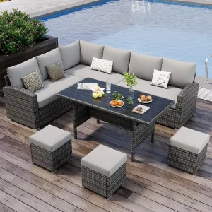 7-Piece Patio Furniture Set Modular Sectional Steel Frame Tempered Glass Table PE Rattan Cushions Outdoor Pool Porch