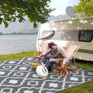 Outdoor Grey & White  6x9 Waterproof Patio Rug Lightweight Plastic Straw Mat Reversible Geometric Design Portable for Camping Picnic Backyard