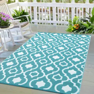 Outdoor Light Blue & White 9x12 Waterproof Rugs, Durable Plastic Straw Carpet for Patio, Boho Reversible Floor Carpet Balcony Rug for Camping Tent RV