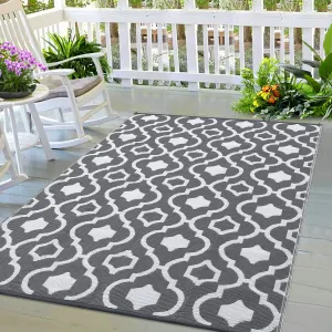 Outdoor Grey & White 5x8 Waterproof Rugs for Patio, Reversible Plastic Straw Outside Rug, Portable Floor Mat for Camping Balcony & Deck