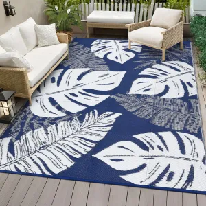 Outdoor Dark Blue 10x14 Waterproof Plastic Straw Rug Reversible Lightweight Durable with Stakes Carry Bag for Patio Backyard Beach Camping