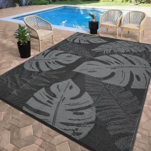 Reversible Waterproof Outdoor Rug 9x12ft – Durable Plastic Straw Mat – Leaf Design, UV & Mark Resistant, Lightweight for Patio, Camping, RV, Deck, Porch, Backyard – Black and Gray