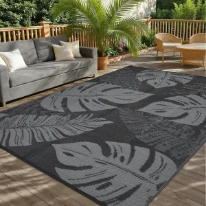 Reversible Outdoor Plastic Straw Rug – Waterproof, UV Resistant Patio Carpet – Easy to Clean Modern Black and Gray Mat for Camping, Deck, Balcony, Picnic, RV – 8x10ft