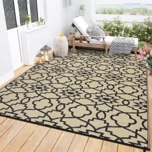 Outdoor Brown & Black 9x12 Reversible Rug, Plastic Tube-Woven Stain Resistant Non-Shedding Carpet for Poolside, High Traffic Areas