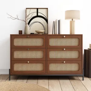 Cannage Rattan Wood Closet 6-Drawer Dresser, Rattan Dresser with Metal Legs, Wood Storage Cabinet Sideboard for Bedroom Living Room Entryway Hallway
