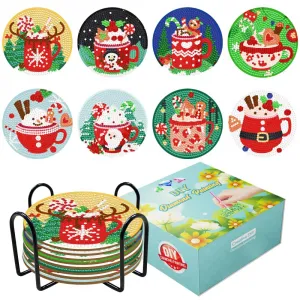 8pcs DIY Christmas Coasters Kits with Holder Cup Pattern Heat Insulation Holiday Table Decoration Coasters for Beginners BD801 One size