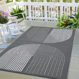 Outdoor Grey & White 6x9 Reversible Patio Rug, Waterproof Plastic Straw Mat, Lightweight Portable Carpet for Camping, RV, Balcony, Porch, Easy to Clean
