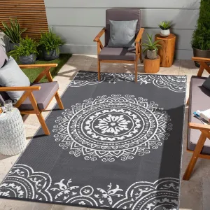 Outdoor Grey & White 8x10 Reversible Plastic Straw Rug - Durable, Weather-Resistant, Soft, Lightweight - Modern Outdoor Patio Mat for RV, Beach, Camping