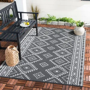 Outdoor Grey & White 8x10 Reversible Mats, Plastic Straw Rug, Modern Area Rug, Large Floor Mat for Outdoors, RV, Patio, Backyard, Deck, Picnic, Beach, Trailer, Camping, Porch, Balcony