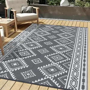 Outdoor Grey & White 6x9 Persia Reversible Plastic Straw Rug, Modern Large Mat for RV Patio Deck Camping Beach Backyard Picnic