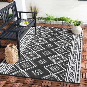 Outdoor Black & White 9x12 Reversible Mats, Plastic Straw Rug, Modern Area Rug, Large Floor Mat for Outdoors, RV, Patio, Backyard, Deck, Picnic, Beach, Trailer, Camping, Porch, Balcony