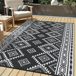 Outdoor Black & White 8x10 Plastic Straw Rug, Modern Area Rug, Large Floor Mat for Outdoors, RV, Patio, Backyard, Deck, Picnic, Beach, Trailer, Camping, Porch, Balcony