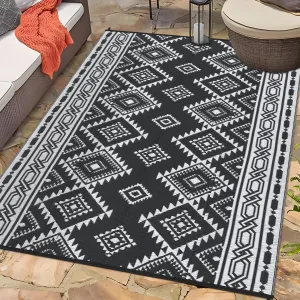 Outdoor Black & White 5x8 Plastic Straw Rug, Modern Area Rug, Large Floor Mat for Outdoors, RV, Patio, Backyard, Deck, Picnic, Beach, Trailer, Camping, Porch, Balcony