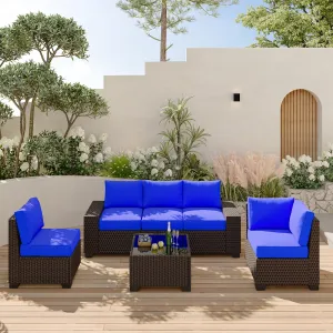 6 Piece Patio Furniture Sets, Wicker Sectional Sofa Conversation Couch with Glass Table Cushions and Blue Pillows for Lawn Garden Backyard