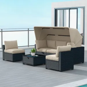 Patio Furniture Set, 6 Pieces Outdoor Wicker Furniture with Canopy, Outdoor Sectional Sofa and Table with Storage, Patio Conversation Sets for Balcony, Porch, Garden, Backyard, Soft Beige Cushion