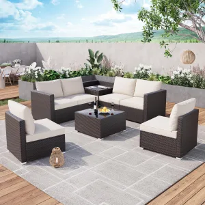 8-Piece Outdoor Patio Furniture Set Modular PE Rattan Sectional Sofa with Tempered Glass Table Water-Resistant Olefin Cushions Beige Garden Backyard