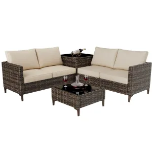 Outdoor PE Wicker Furniture Set, 6-Piece Patio Sectional Couch Set with Storage Box & Glass Top Table & Beige Cushion for Garden Poolside