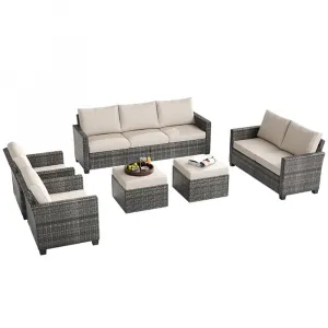 Patio Furniture Set of 6, Outdoor Rattan Patio Conversation Sets with 2-Seats Sofa, 3-Seats Sofa, 2 Single Chairs and 2 Ottomans for Backyard Garden Porch, Gray