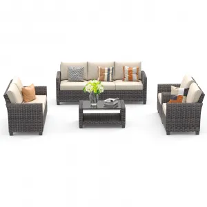 5pc Outdoor Rattan Patio Furniture Set - Sectional 3-Seat Sofa, 2-Seat Sofa, 2 Single Sofas & Table - All-Weather Conversation Set for Balcony & Backyard