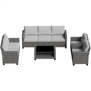 5-Piece PE Rattan Patio Furniture Set with Cushions & Glass Table, Steel Frame, Weather-Resistant, Grey & Brown, Outdoor Porch & Garden