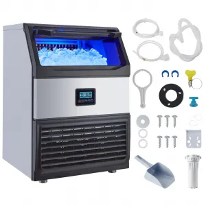 Ice Maker Machine - 265LB/24H, Stainless Steel, Under Counter, 55 lbs Storage, Self-Cleaning, Blue Light