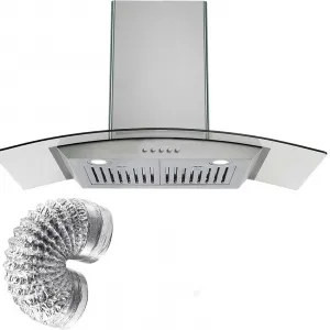 30 Inch Curved Glass Range Hood, Ductless/Ducted Convertible Stove Vent Hood with Chimney, 3 Speed Fan, LED Light, Button Control Vent Hood for Stove Kitchen, 400 CFM