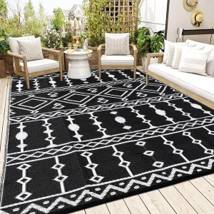 Outdoor Black & White 9x12 Waterproof Rug Plastic Straw, UV & Fade Resistant, Durable Heat-Treated Edges, Breathable Quick-Dry, Black & White, Patio & RV