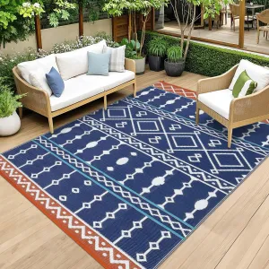 Outdoor Blue 8x10 Rug Waterproof Reversible Plastic Straw Rug, Anti-UV, Durable Heat-Treated Edges, Lightweight Foldable, Blue & Red, Patio & Camping