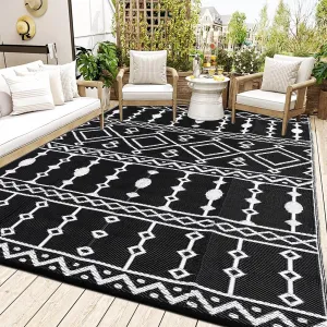 Outdoor Black & White 9x18 Plastic Straw Rug Waterproof UV-Resistant Durable Heat-Treated Edges Black & White for Patio Camping RV