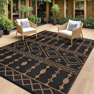 Outdoor Black & Brown 8x10 Rugs Waterproof Reversible Plastic Straw Rug with Anti-UV Coating, Durable Reinforced Edges, Foldable Portable Design for Patio, Camping, Backyard